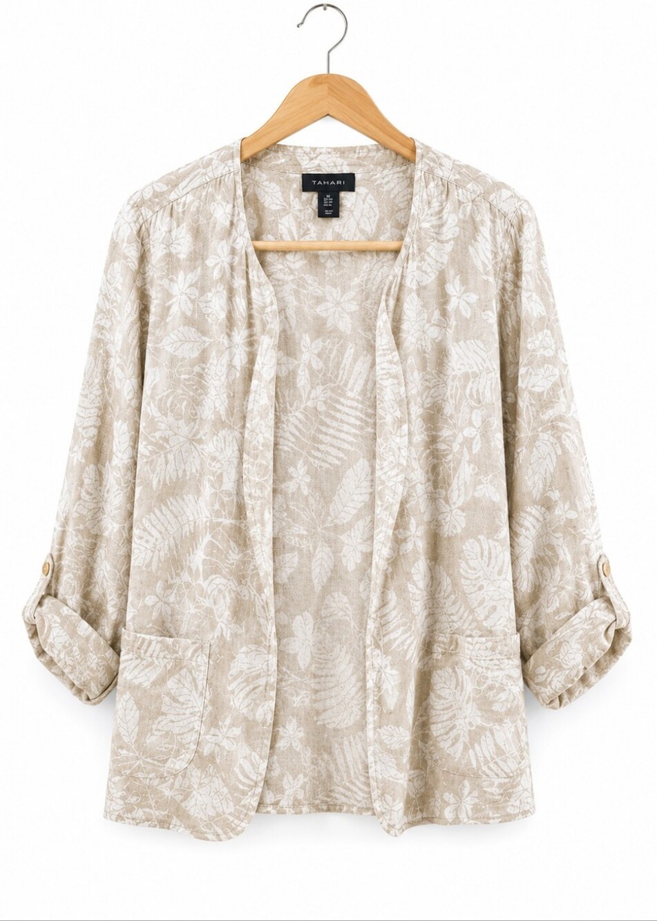 TAHARI Cotton Linen Botanical Print Open Front Jacket | Women's Lightweight - Picture 4 of 5